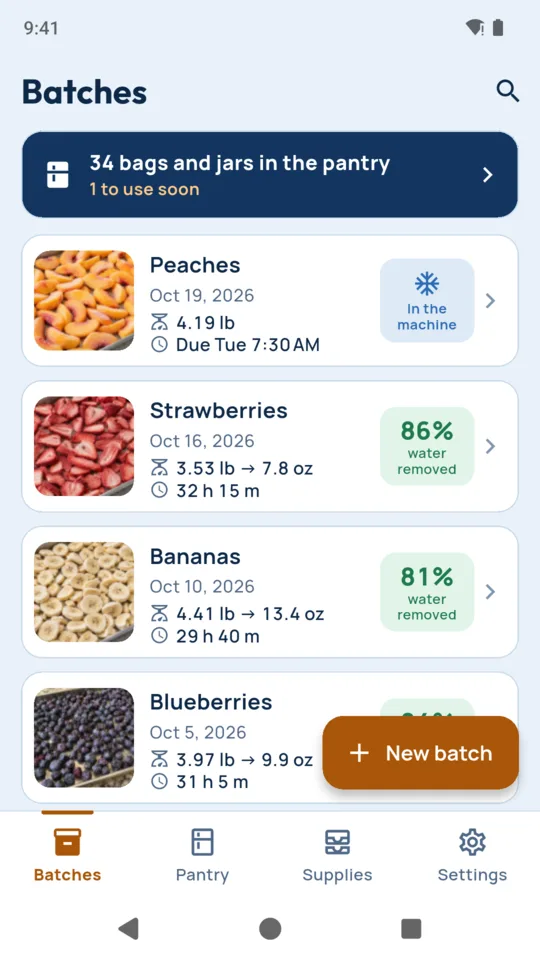 Batches: peaches still in the machine with the time they are due, and finished batches with their water removed