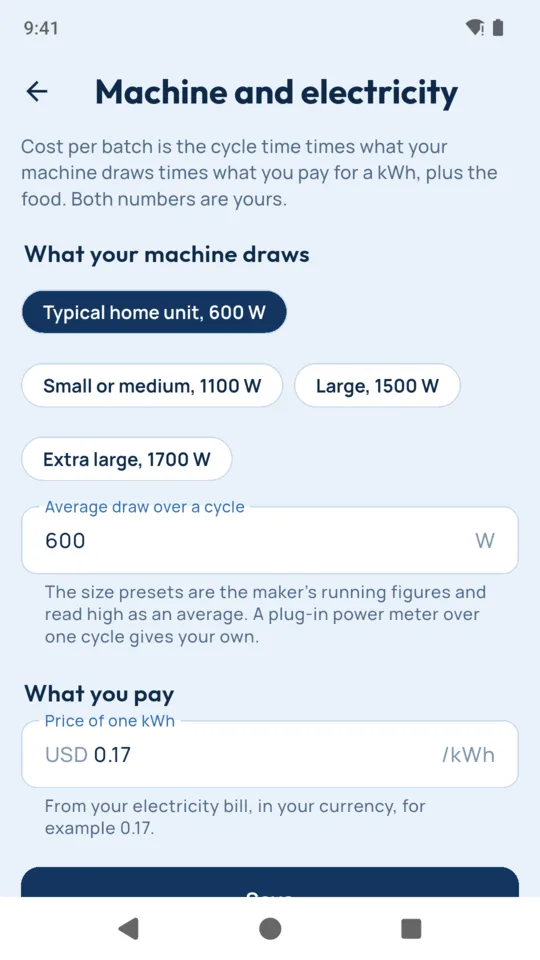 Machine and electricity: your machine’s draw and what you pay for a kWh.
