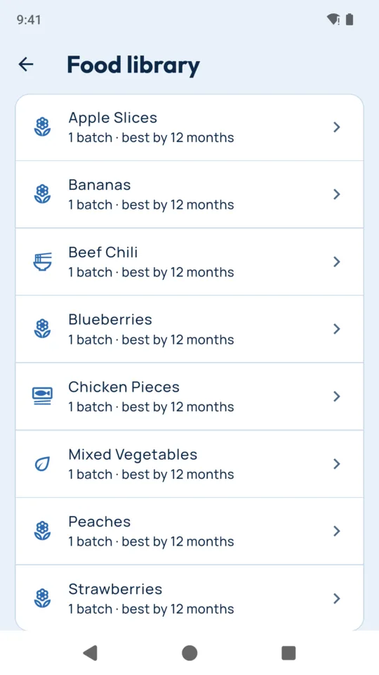 Food library: each food with its batch count and your own best-by rule.