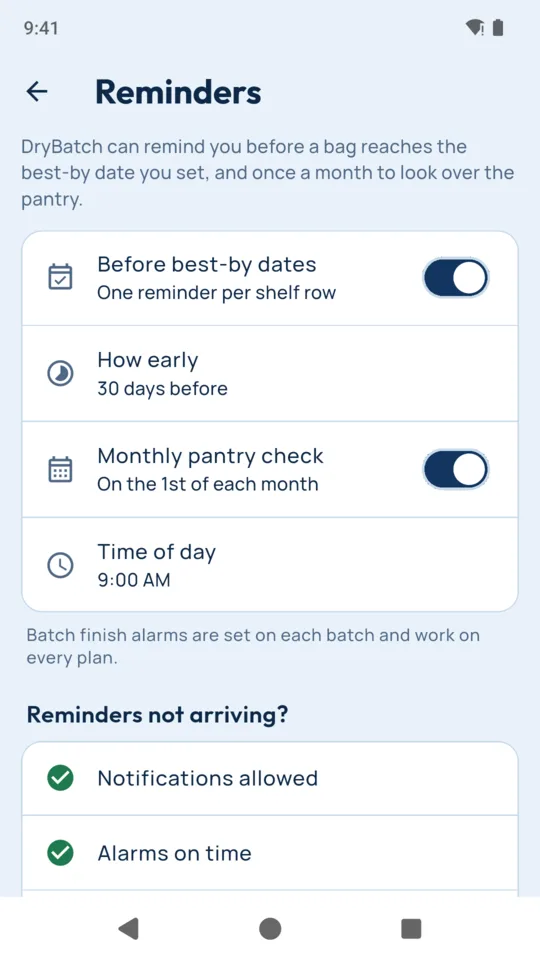 Reminders: before best-by dates, a monthly pantry check, and a check that alarms are allowed.
