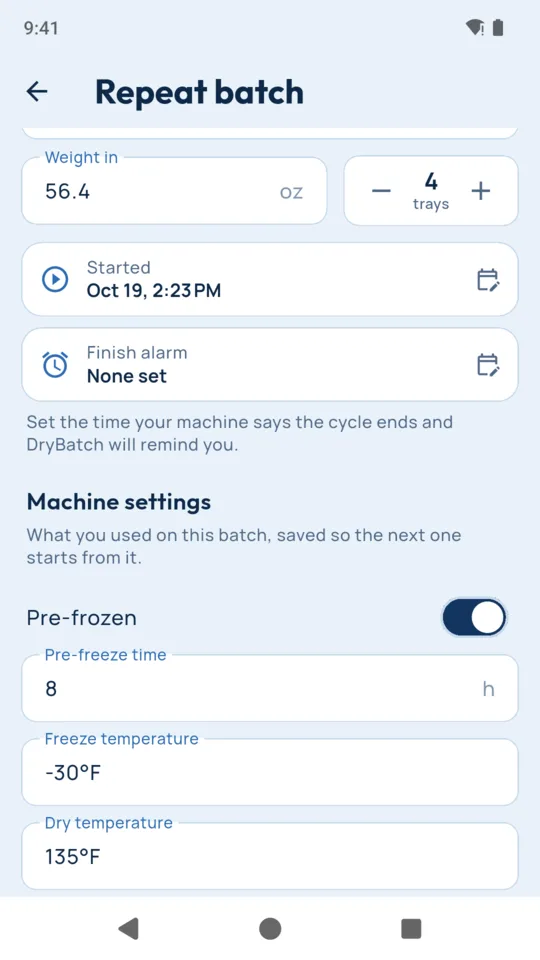 Repeat batch: the last run’s settings carried over, the start time set to now.