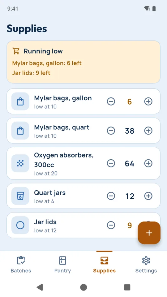 Supplies: mylar bags, oxygen absorbers, jars and lids, with what is running low.