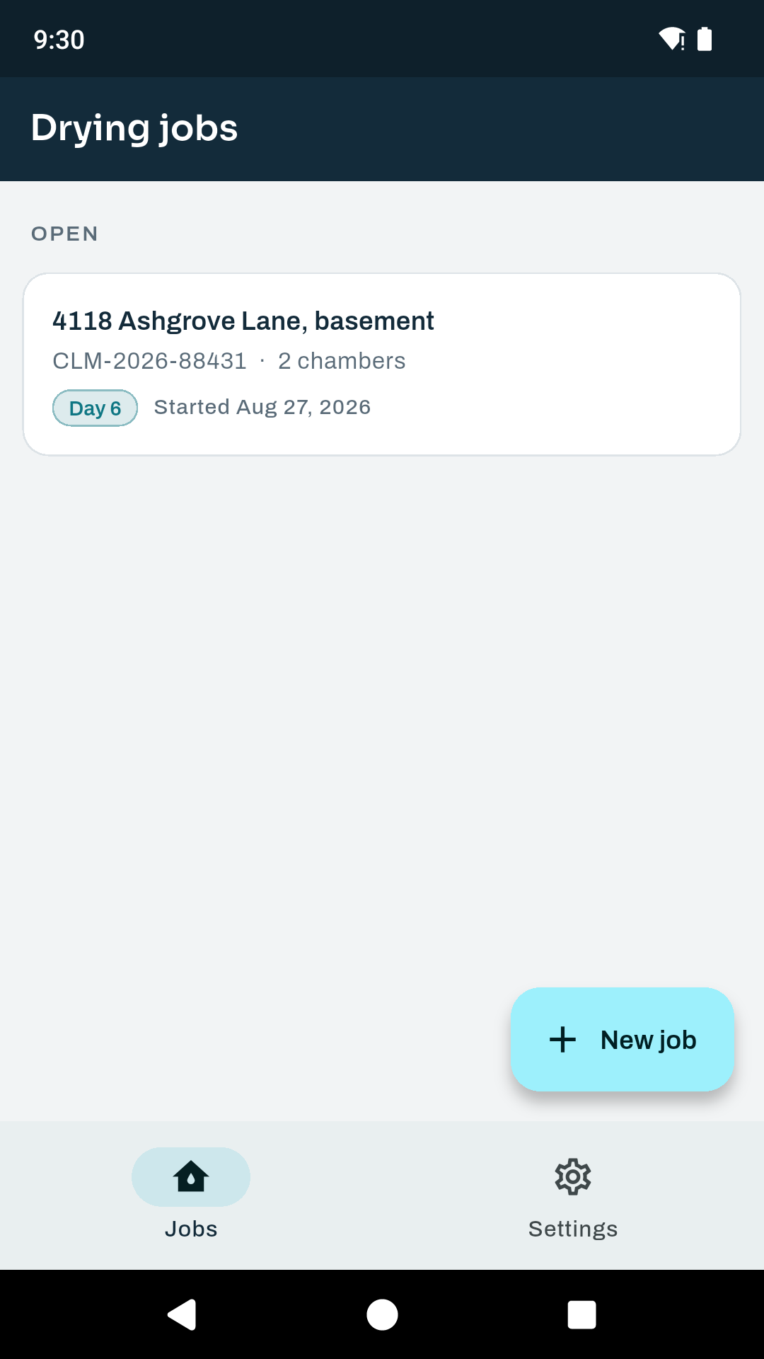The DryProof jobs list, showing an open job with its claim number, chamber count and day number.