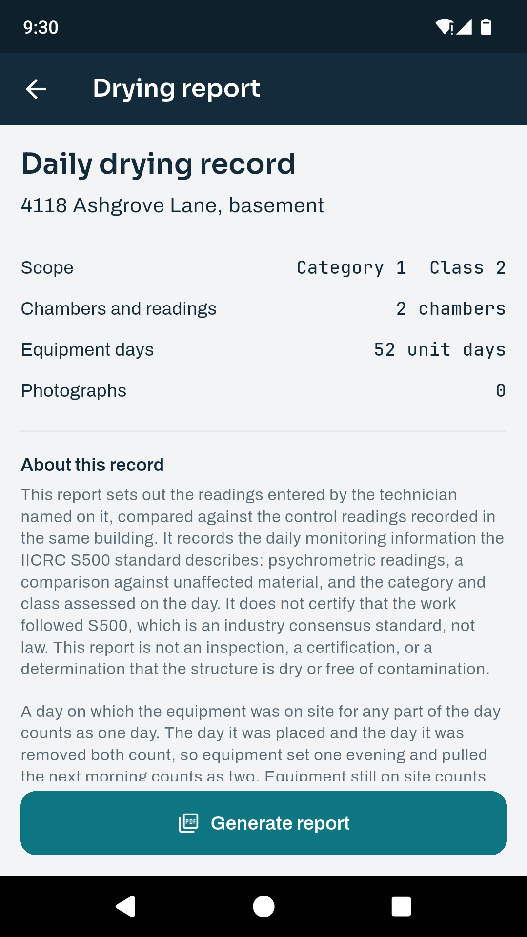 The DryProof drying report screen, listing scope, chambers, equipment days and photographs above the record's disclaimer.