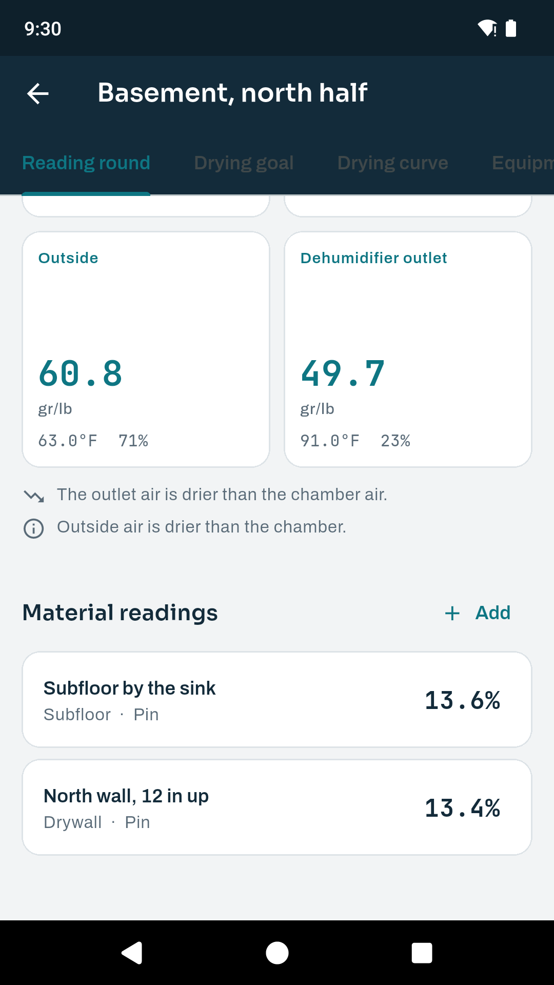 Material readings in DryProof, each row showing the material, the meter type and the unit it was recorded in.
