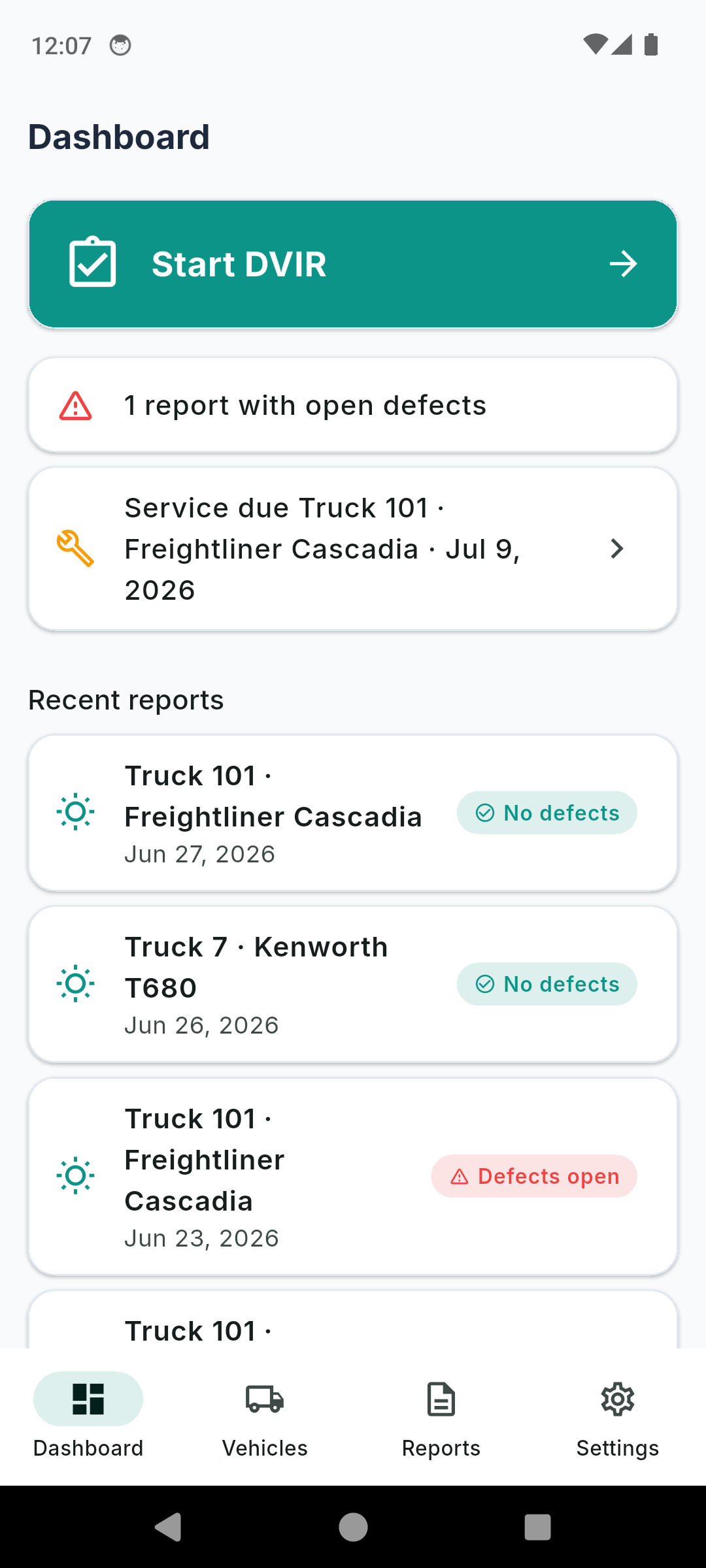DVIRLog dashboard showing today's DVIR status, trucks and next annual inspection due date
