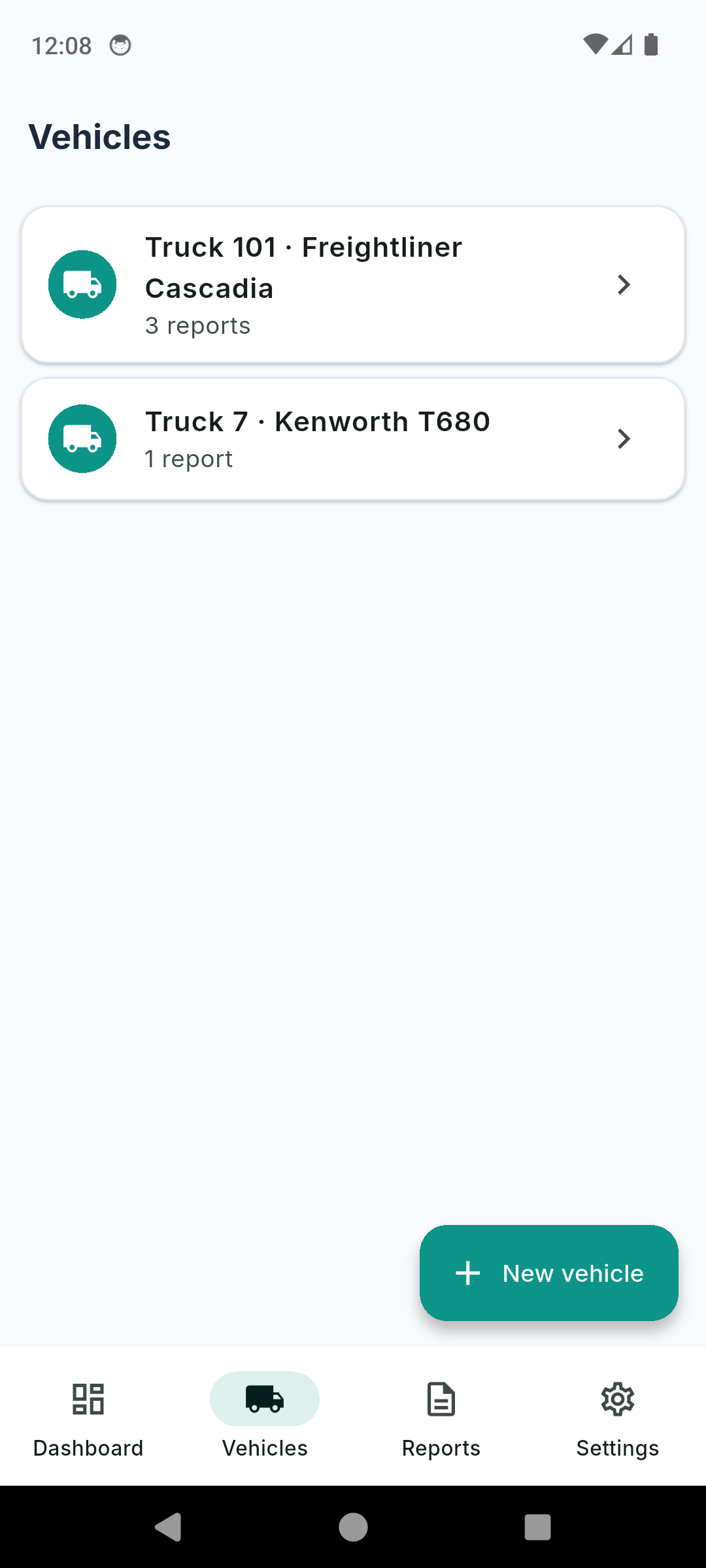 DVIRLog vehicles list with one record per truck in a small owner-operator fleet