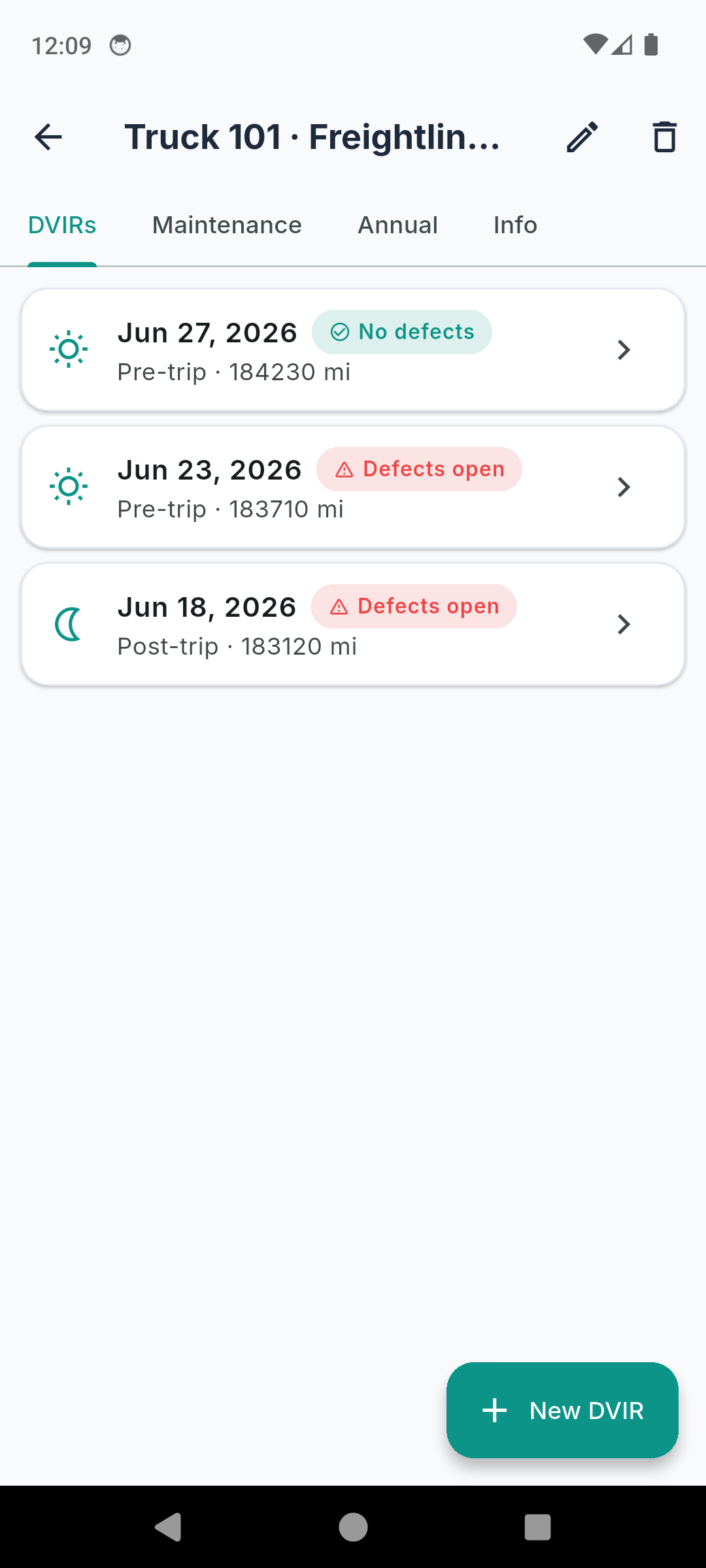 DVIRLog per-vehicle DVIR history list with dated daily inspection reports