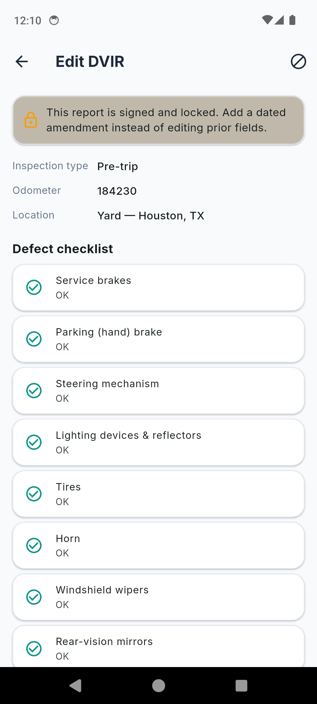 DVIRLog report detail showing defects, repair certification, safe-to-operate review and driver signature