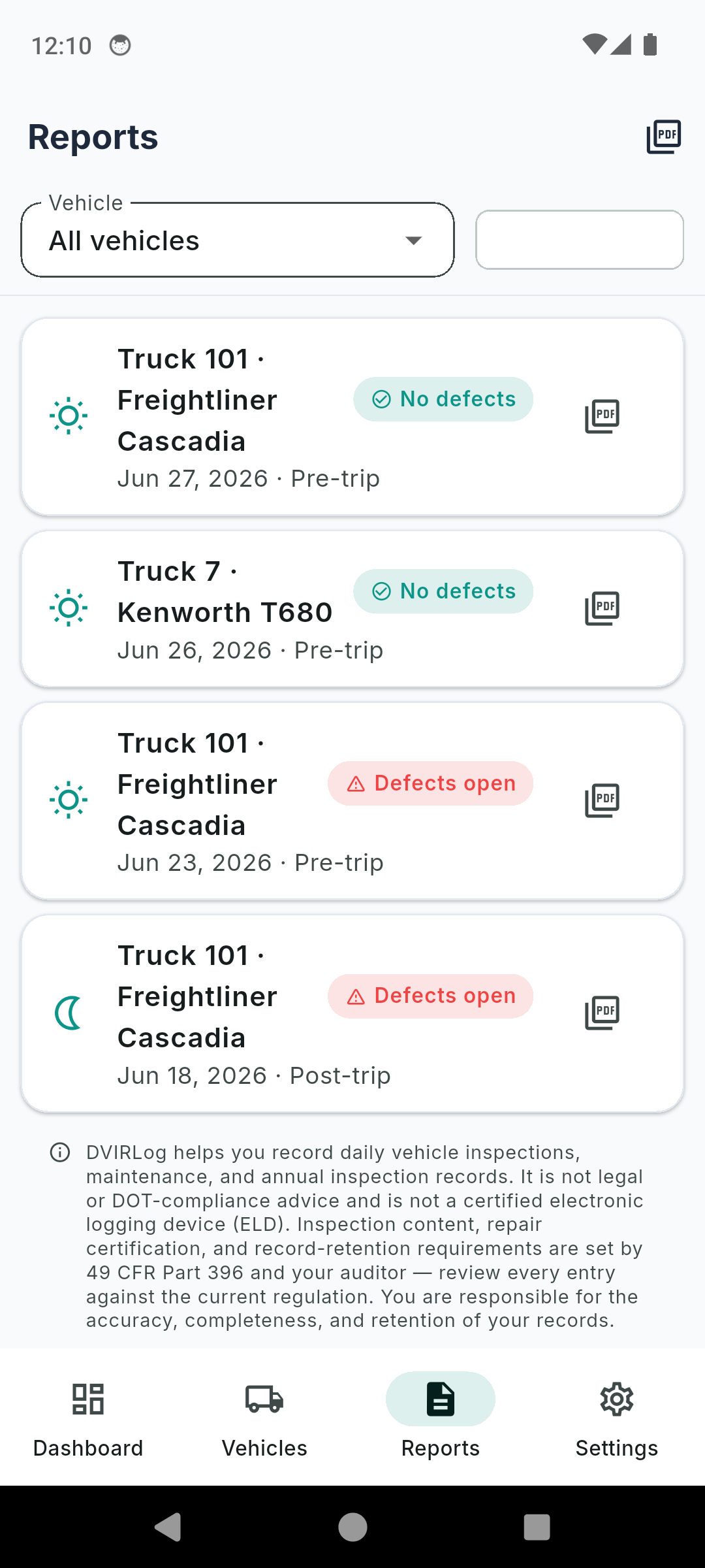 DVIRLog reports and PDF export screen with single report and date-range binder pack options