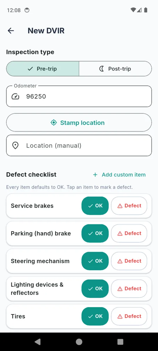 A new DVIR in DVIRLog with pre-trip selected, an odometer field reading 96250, a stamp-location button, and the defect checklist rows for service brakes, parking brake, steering mechanism, lighting and tires each with OK and Defect buttons