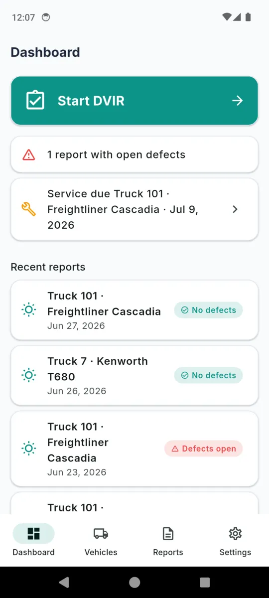 The DVIRLog dashboard with a Start DVIR button, an alert reading one report with open defects, a service-due alert for Truck 101 and a list of recent reports each tagged No defects or Defects open