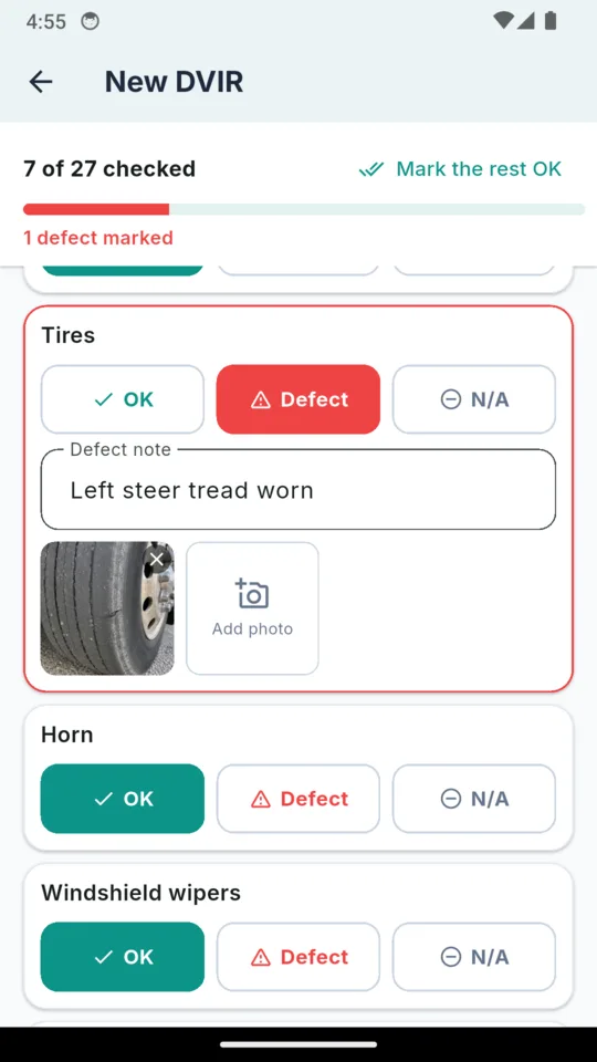 A new DVIR at 7 of 27 items checked with a Mark the rest OK button; the Tires line is marked Defect with the note Left steer tread worn and a photo of the tire, and the lines below offer OK, Defect and N/A
