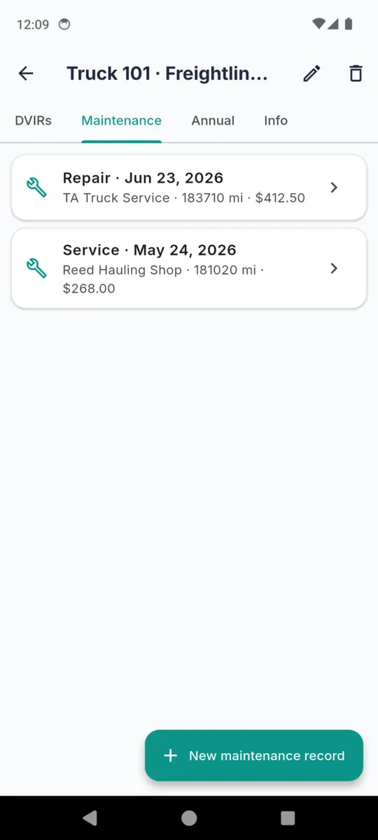 The maintenance tab for Truck 101 in DVIRLog showing a repair entry and a service entry, each with its date, vendor, odometer and cost