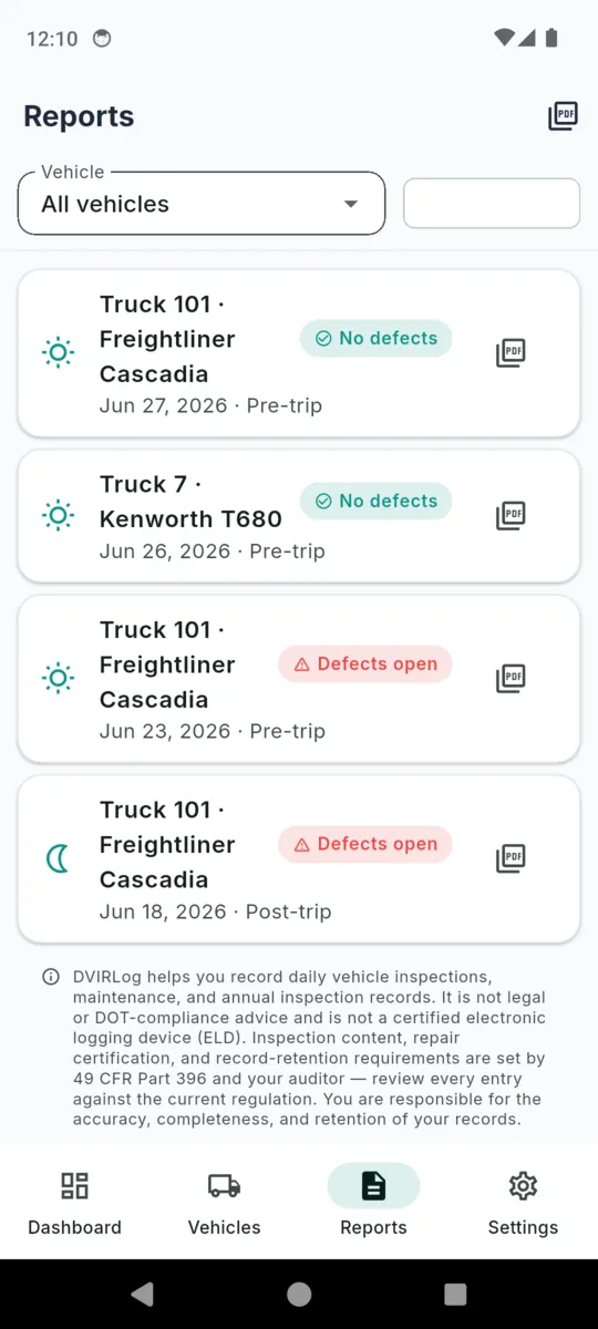The DVIRLog reports screen with a vehicle filter, a defects-only filter and a list of reports each with an export button, above the disclaimer that DVIRLog is not a certified electronic logging device