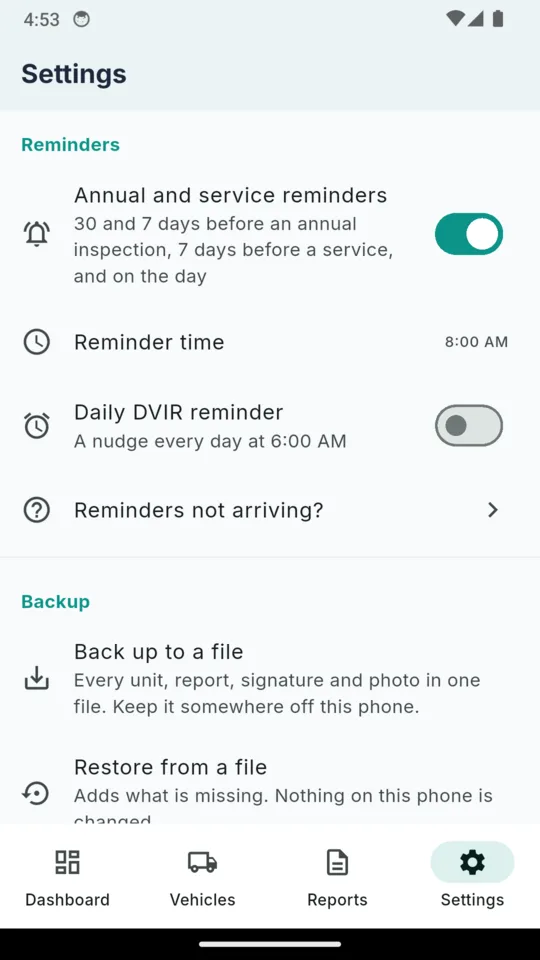 DVIRLog settings with annual and service reminders switched on at 8:00 AM, an optional daily DVIR reminder, and backup options to save every unit, report, signature and photo to one file or restore from one