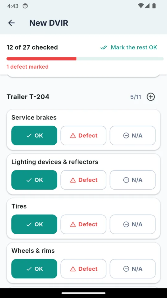 The trailer section of a DVIR for Trailer T-204, 5 of 11 checked, with service brakes, lighting, tires and wheels each marked OK