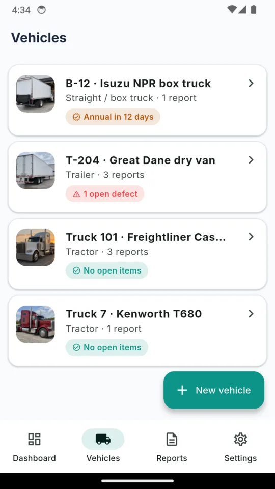 The DVIRLog vehicles list with a photo beside each unit: B-12, an Isuzu NPR box truck with its annual due in 12 days; T-204, a Great Dane dry van trailer with one open defect; and two tractors, Truck 101 and Truck 7, with no open items