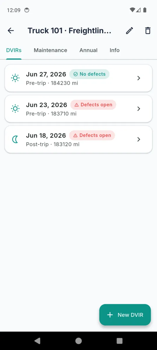 The DVIRs tab for Truck 101 in DVIRLog, listing three inspections by date with pre-trip or post-trip, the odometer reading and a No defects or Defects open chip