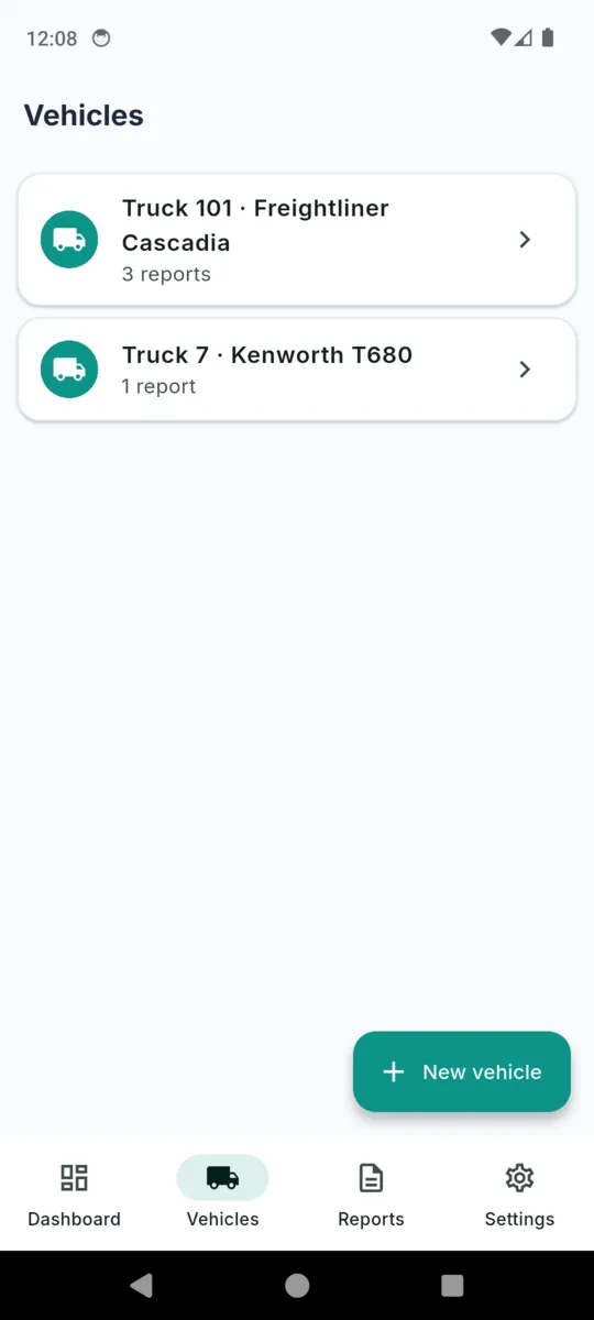 The DVIRLog vehicles list with Truck 101 Freightliner Cascadia showing three reports and Truck 7 Kenworth T680 showing one report