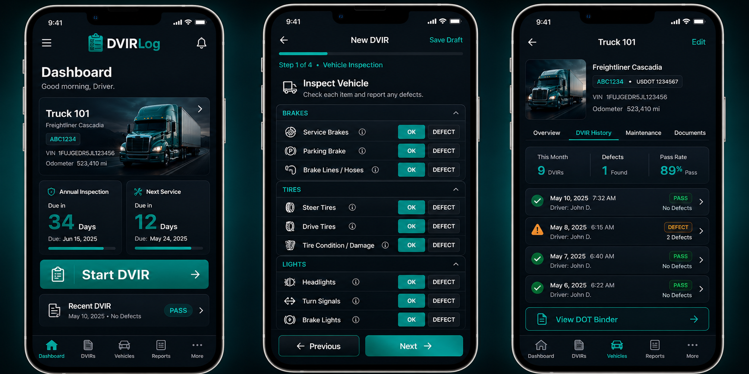 DVIRLog daily DVIR checklist, per-truck maintenance file and PDF report screens