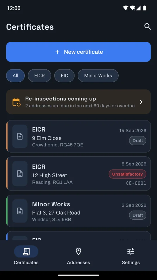 The EICR Pro certificates list, with draft and issued certificates and their numbers