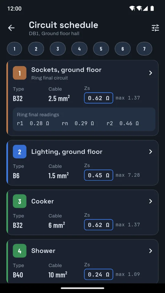 The EICR Pro circuit schedule for one board, a card per circuit with its device, cable and measured Zs