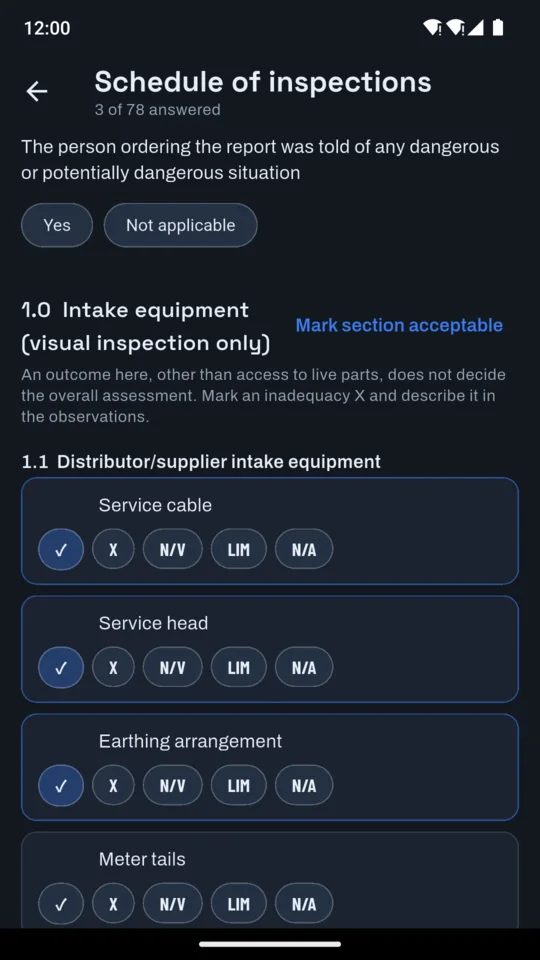 The schedule of inspections in EICR Pro, with every item unanswered to start