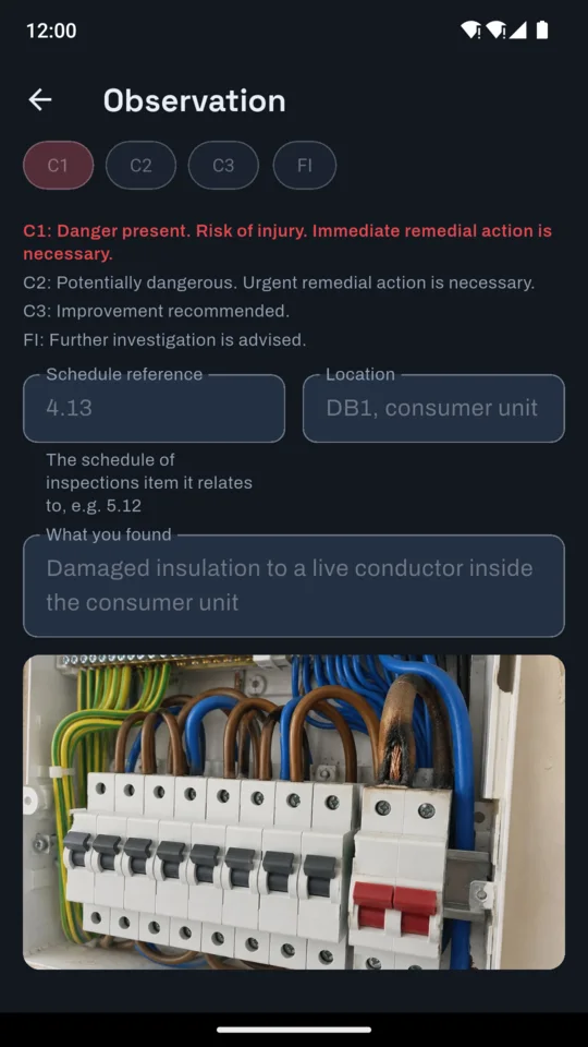 An EICR Pro observation with its code, location and photo