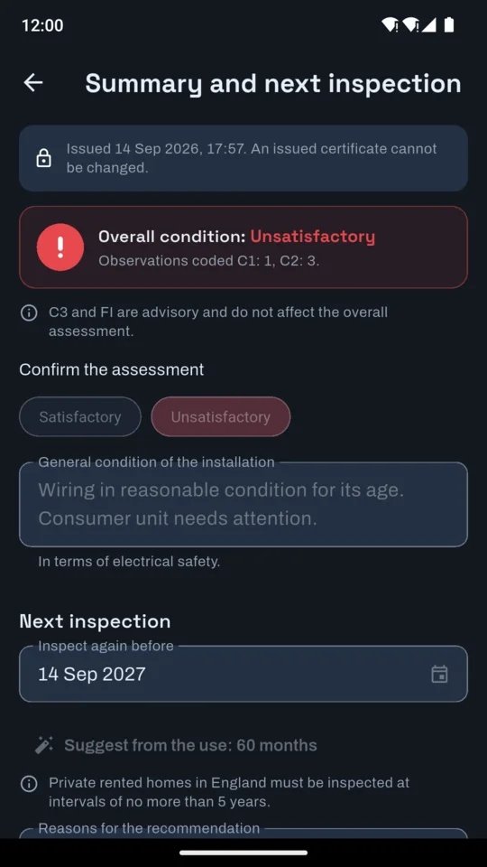 The report summary showing the overall condition and the reason for it