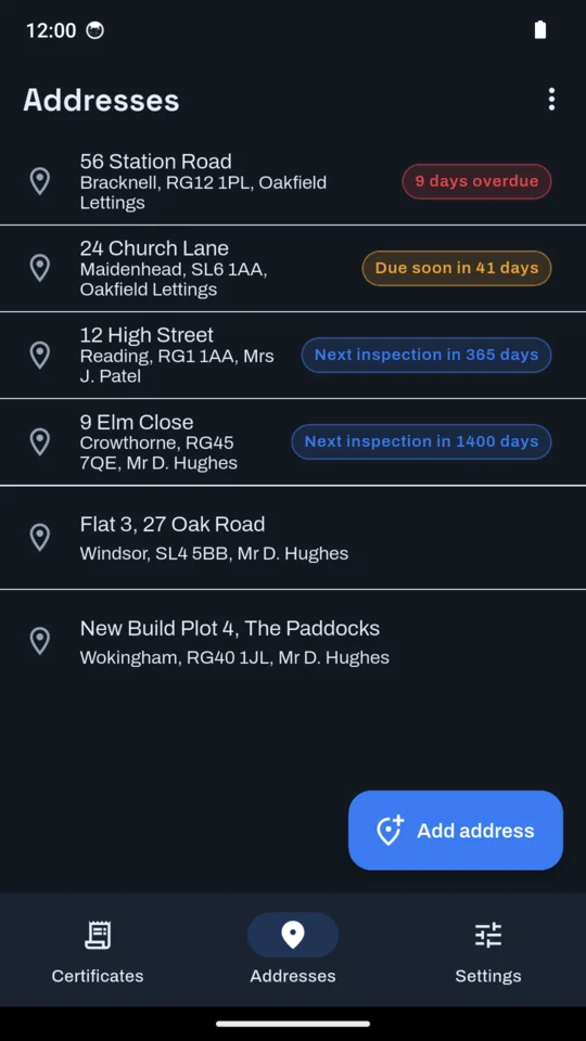 The addresses list, showing when each address is next due for inspection