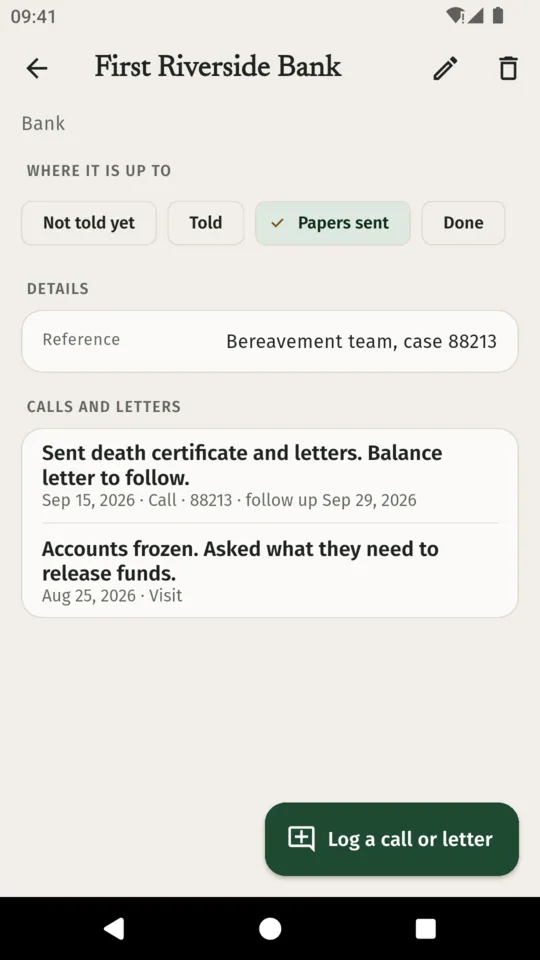 First Riverside Bank with Papers sent selected, the reference Bereavement team case 88213, and two logged letters and visits with follow-up dates