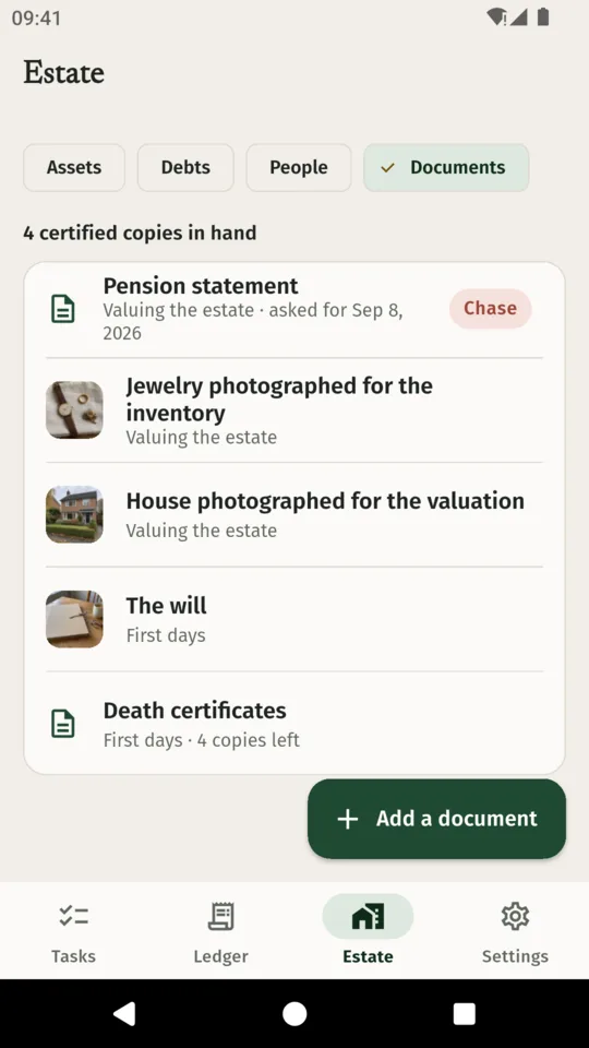 The Documents list showing 4 certified copies in hand, a pension statement to chase, jewellery and house photographed for the valuation, the will and the death certificates