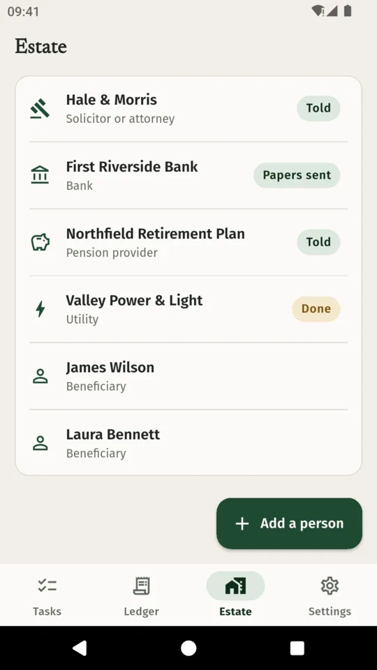 The People list: Hale and Morris solicitor told, First Riverside Bank papers sent, Northfield Retirement Plan told, Valley Power and Light done, and two beneficiaries