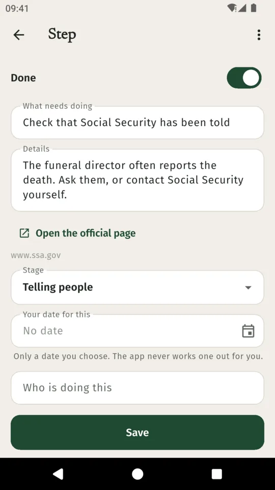A step reading Check that Social Security has been told, with a note, an Open the official page link, the Telling people stage and no date set