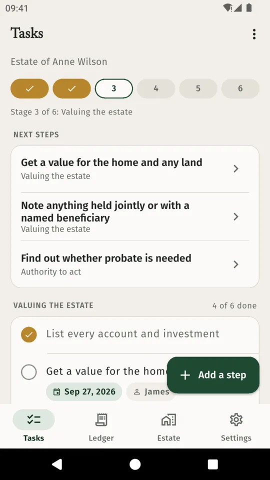 The ExecutorDesk Tasks screen for the estate of Anne Wilson: stage 3 of 6, Valuing the estate, with the next steps Get a value for the home and any land, Note anything held jointly or with a named beneficiary, and Find out whether probate is needed