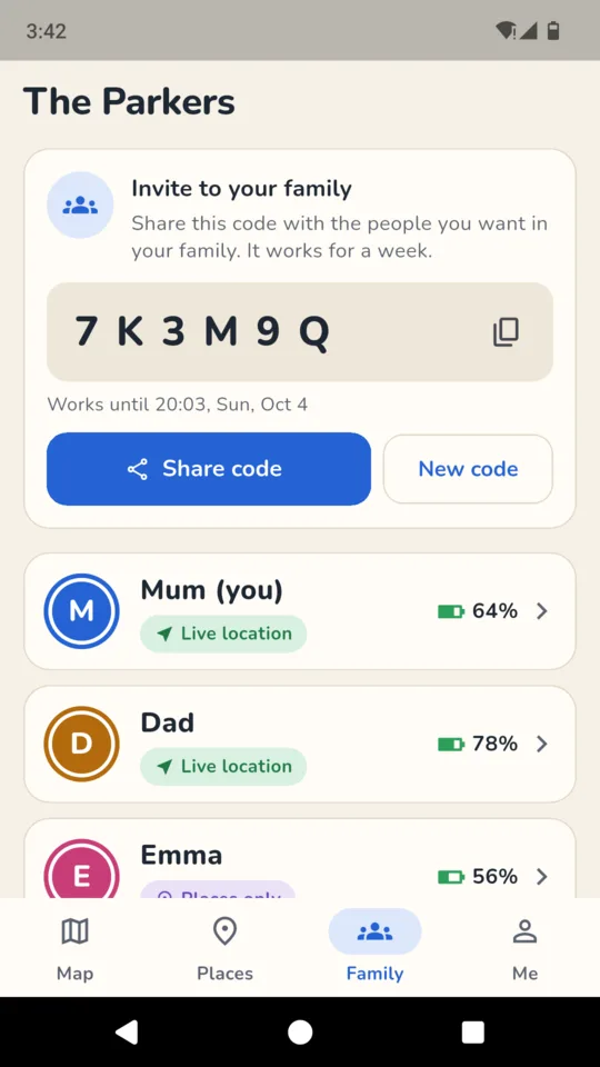 The family: each person’s role, what they share and their battery.
