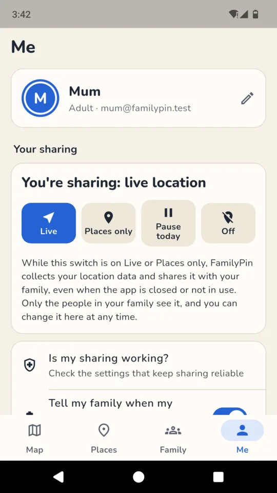 Me: your own sharing, alerts, quiet hours and your data.