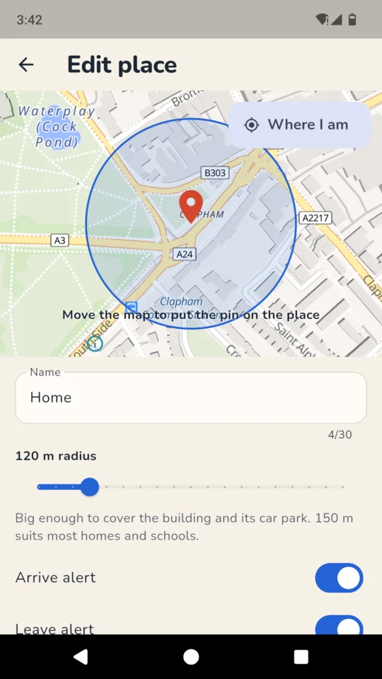 Editing a place: the circle on the map and its radius.