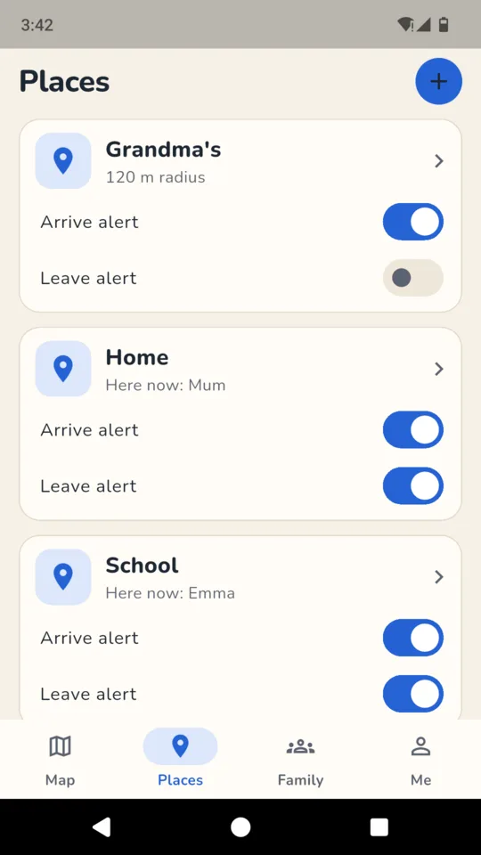 Places: Home, School, Work and Grandma’s, with arrive and leave alerts.