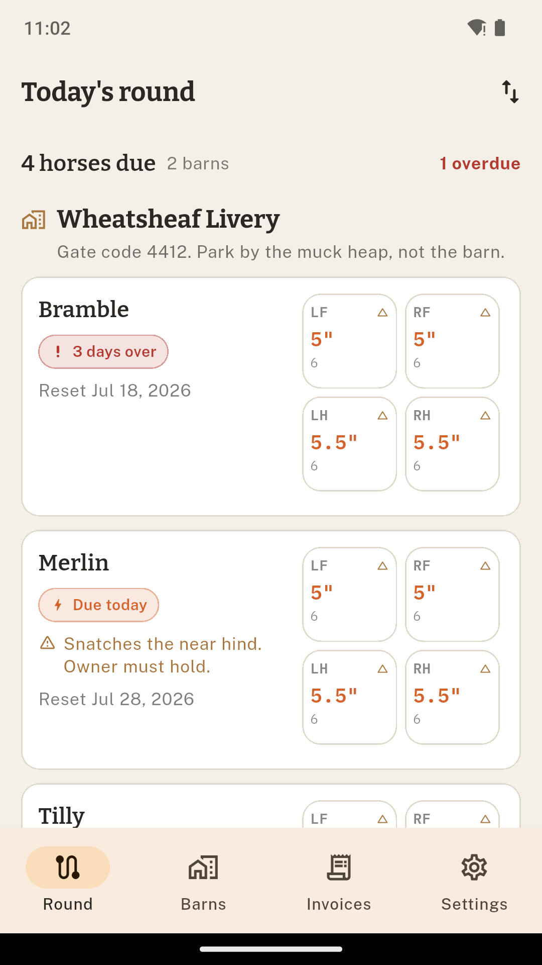 Today's round, listing the barns due and the horses under each
