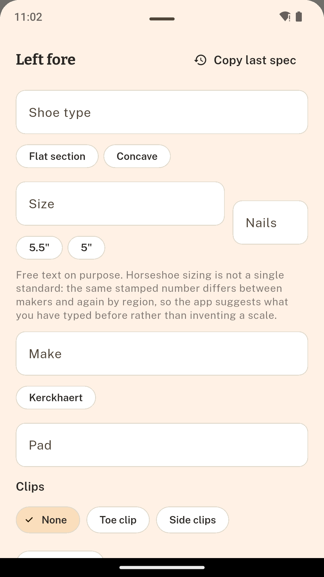 The hoof specification, with shoe size suggested from what was typed before