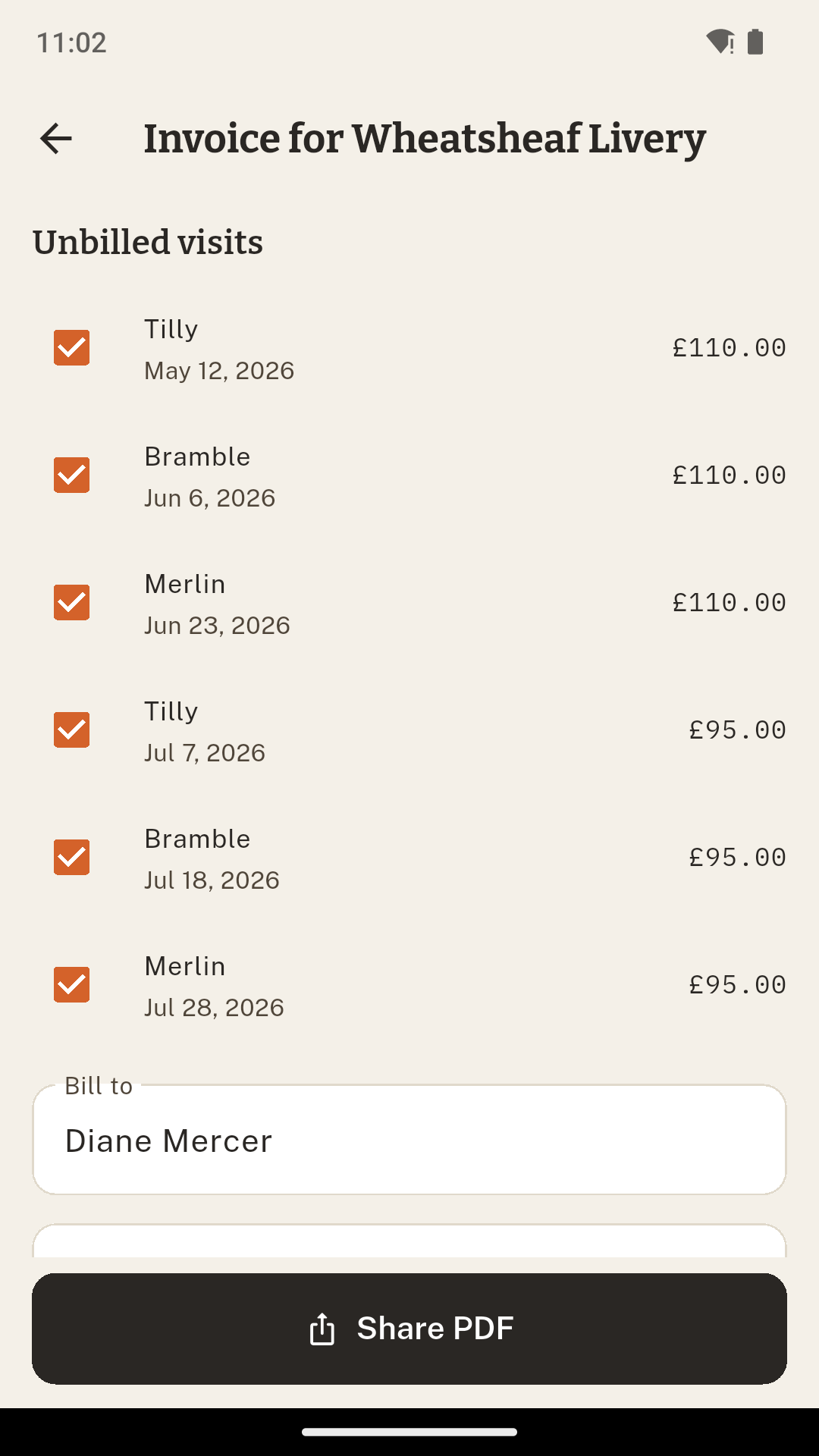 An invoice built from the visits just completed