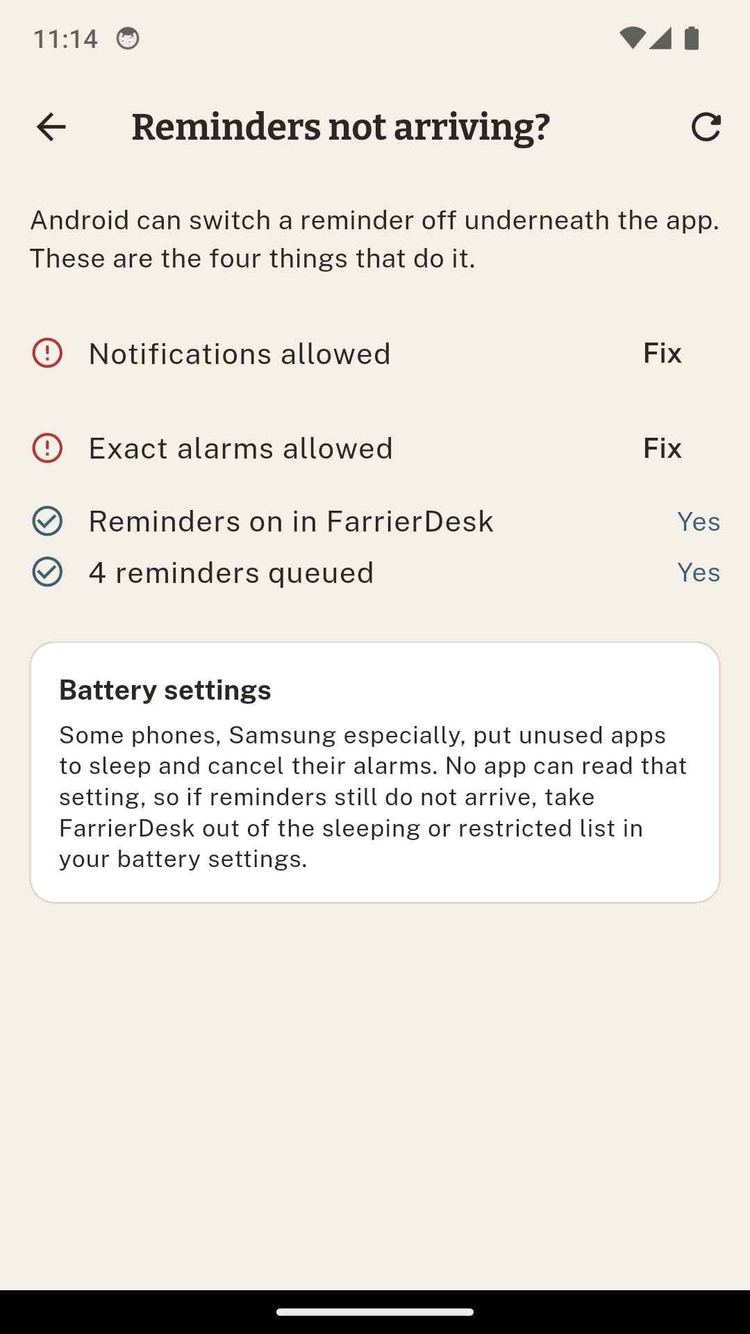 The reminder diagnostics screen
