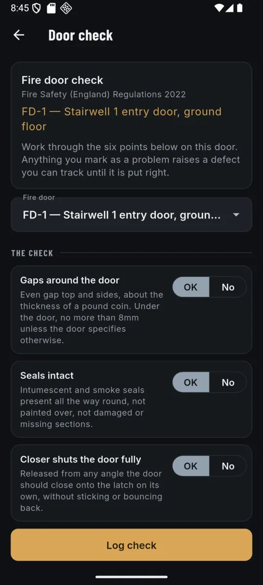The guided Door check for FD-1, the Stairwell 1 entry door, with OK and No buttons against gaps around the door, seals intact and closer shuts the door fully, each with a hint explaining what to look for