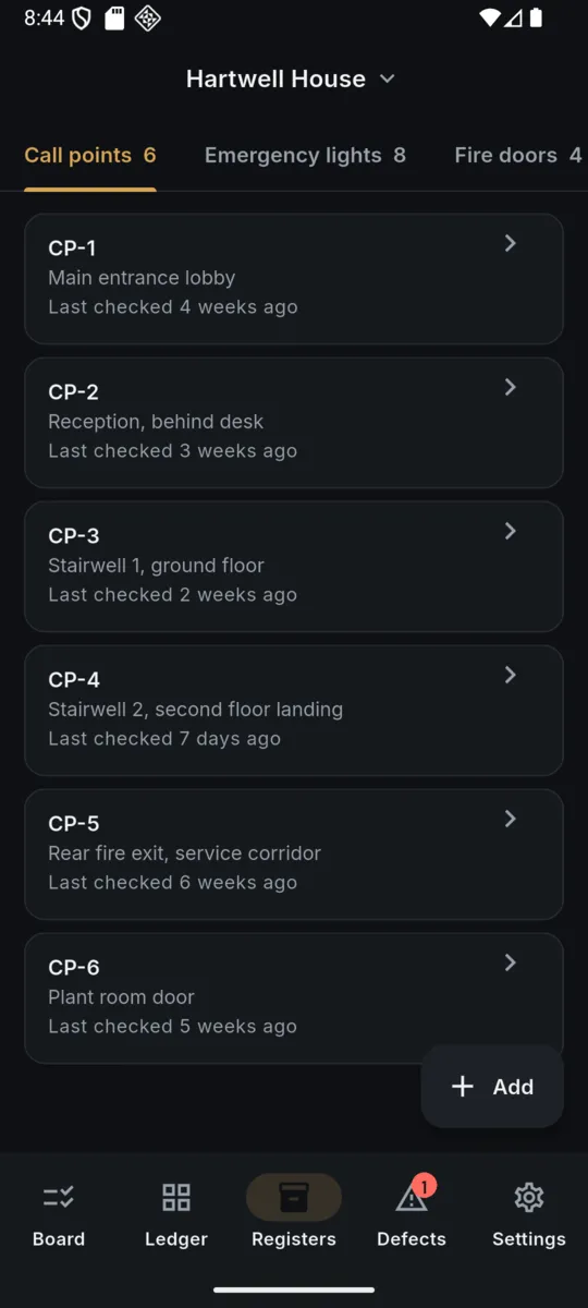 The Registers screen with tabs for Call points 6, Emergency lights 8 and Fire doors 4, listing CP-1 to CP-6 by reference and location with when each was last checked