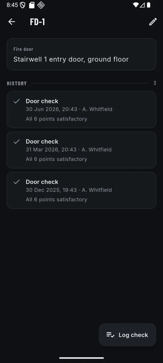 The record for fire door FD-1, Stairwell 1 entry door, ground floor, with a history of three door checks each dated and signed by A. Whitfield and marked all 6 points satisfactory