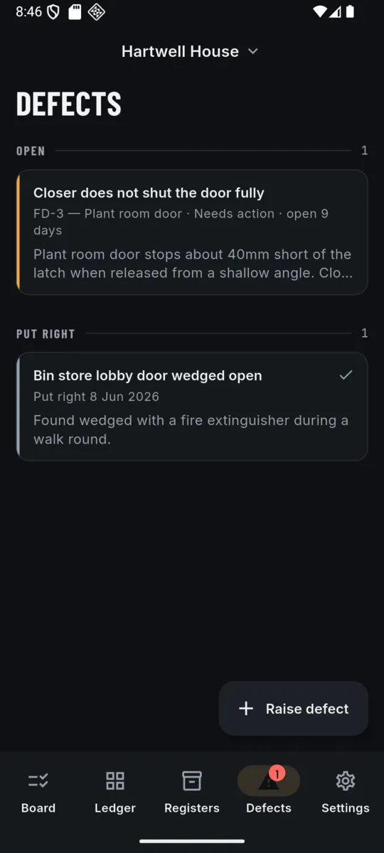 The Defects screen with one open defect, a door closer that does not shut the door fully, open 9 days, and one already put right, a bin store lobby door found wedged open