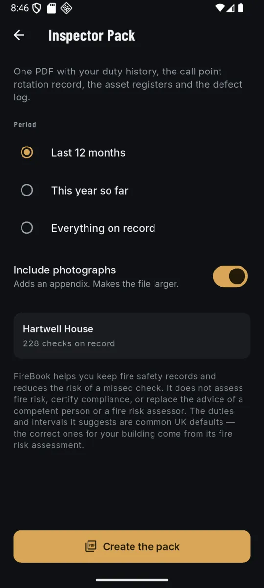 The Inspector Pack screen offering last 12 months, this year so far or everything on record, a switch to include photographs, a summary reading Hartwell House 228 checks on record, and a Create the pack button