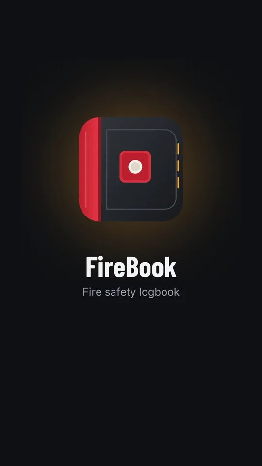 FireBook launch screen: a dark logbook with a red break-glass call point on its cover, above the FireBook wordmark and the line Fire safety logbook